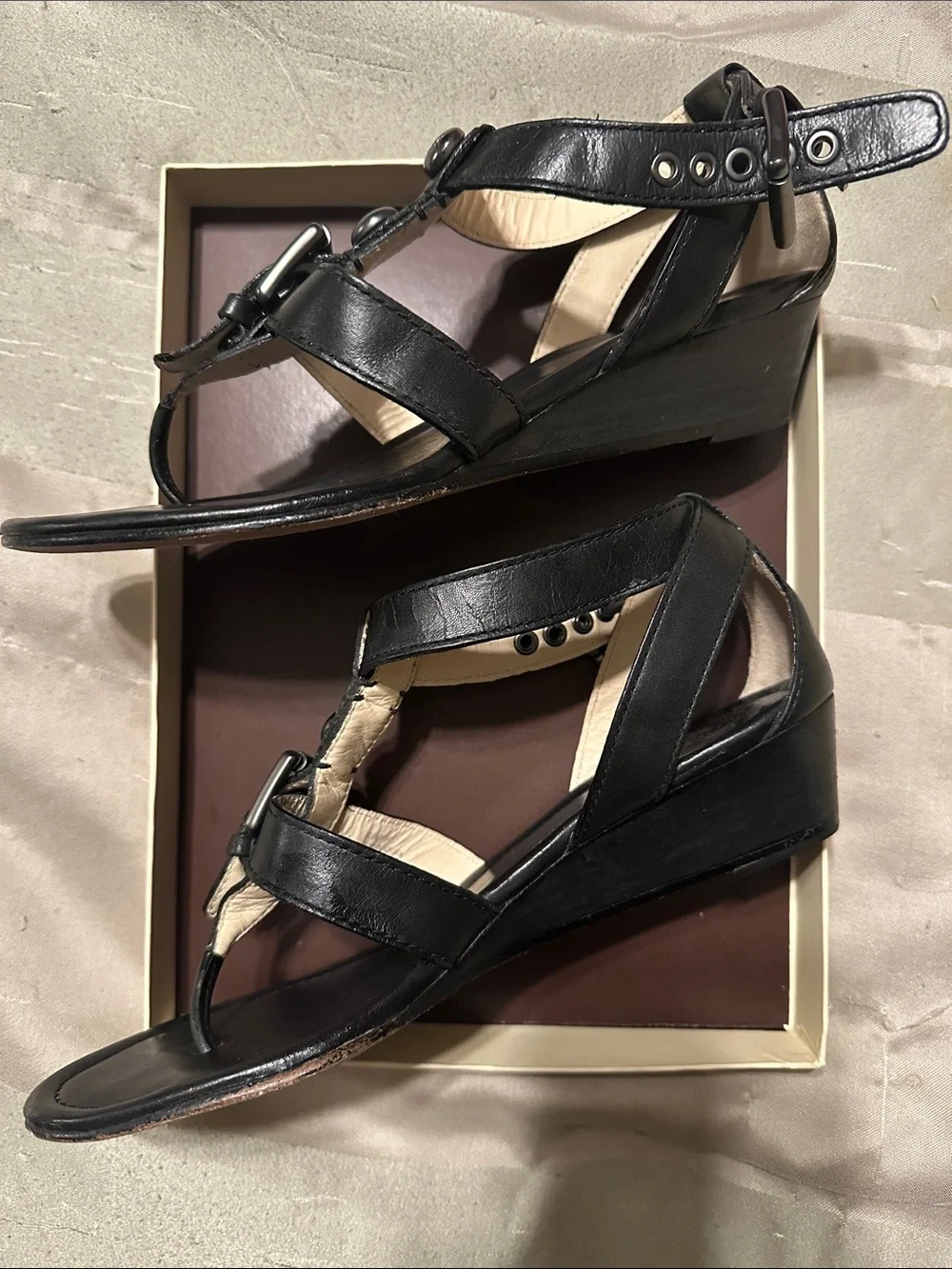 Coach Black Leather T-Strap Buckle Sandals
